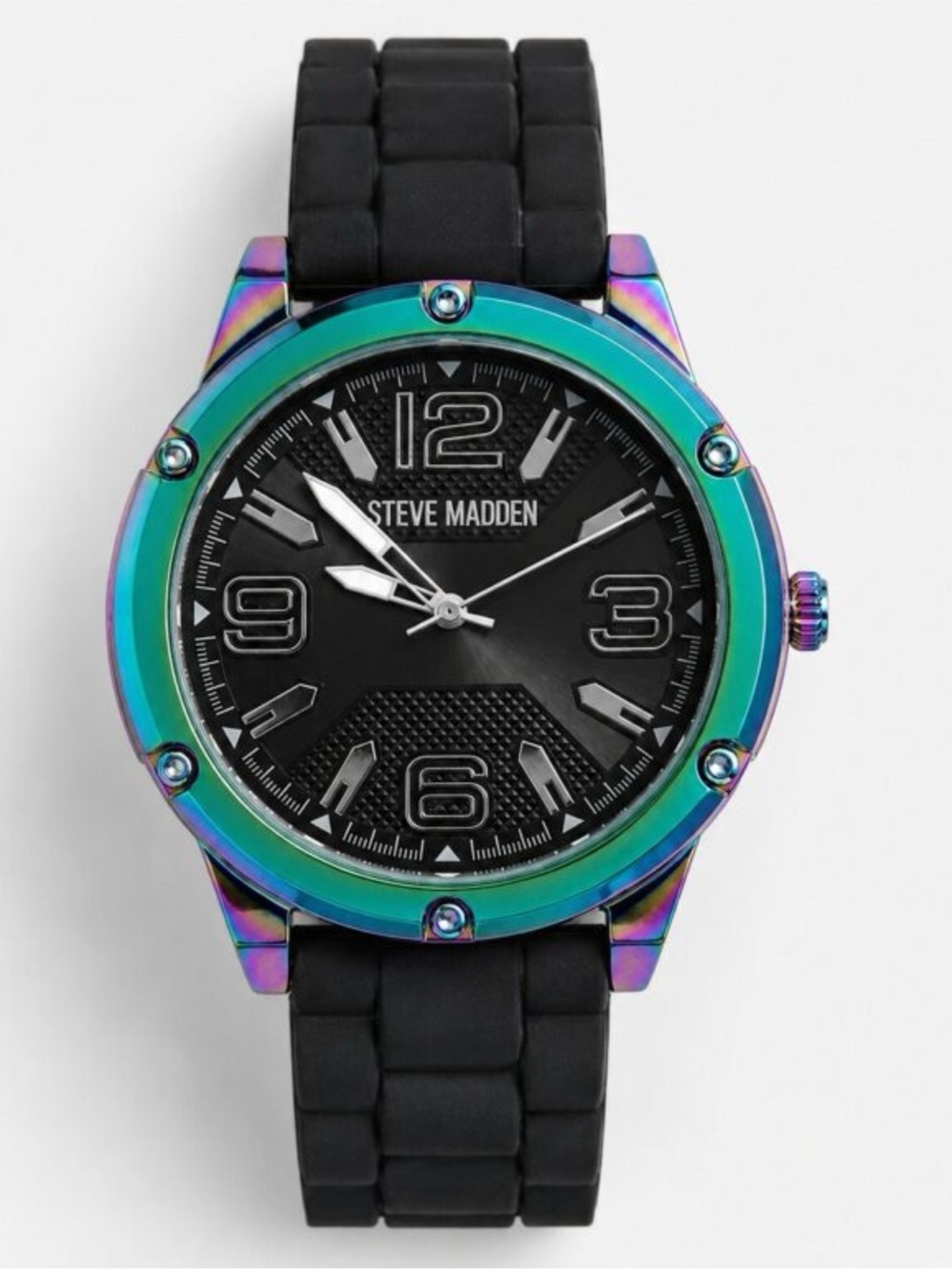 Steve Madden Black Dial Watch with Iridescent Rainbow Bezel